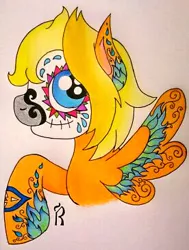 Size: 276x366 | Tagged: safe, artist:dawn-designs-art, derpibooru import, oc, oc:knil, pegasus, pony, abstract, blue eyes, blue fire, colt, death mask, male, orange coat, solo, sugar skull, yellow mane