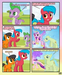 Size: 900x1080 | Tagged: safe, artist:lister-of-smeg, derpibooru import, princess cadance, spike, oc, oc:crosspatch, oc:lazybug, oc:pulp puree, earth pony, pony, comic:crystal heart attack, colt, comic, female, magic, male, mare, stallion