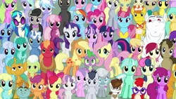 Size: 1523x861 | Tagged: safe, artist:jawsandgumballfan24, derpibooru import, edit, edited screencap, screencap, aloe, amethyst star, apple bloom, applejack, berry punch, berryshine, big macintosh, bon bon, bulk biceps, carrot cake, carrot top, cheerilee, cloudchaser, cup cake, daisy, derpy hooves, diamond tiara, doctor whooves, flitter, flower wishes, fluttershy, golden harvest, granny smith, lemon hearts, lily, lily valley, linky, lotus blossom, lyra heartstrings, mayor mare, minuette, octavia melody, pinkie pie, pipsqueak, pokey pierce, pound cake, pumpkin cake, rainbow dash, rarity, roseluck, rumble, sassaflash, scootaloo, sea swirl, seafoam, shoeshine, silver spoon, snails, snips, spike, spring melody, sprinkle medley, starlight glimmer, sunshower raindrops, sweetie belle, sweetie drops, thunderlane, time turner, twilight sparkle, twilight sparkle (alicorn), twinkleshine, twist, vinyl scratch, alicorn, dragon, earth pony, pegasus, pony, unicorn, the cutie re-mark, background six, colt, cutie mark crusaders, derp, everypony, everypony at s5's finale, female, filly, food, friends are always there for you, glasses, looking at you, male, mane seven, mane six, mare, smiling, spa twins, stallion, wall of tags