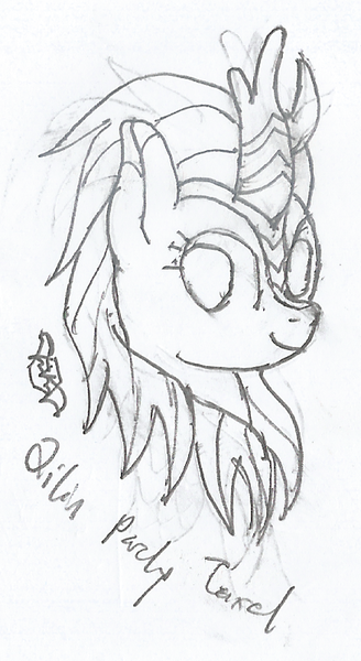 Size: 439x802 | Tagged: safe, artist:parclytaxel, derpibooru import, oc, oc:parcly taxel, unofficial characters only, alicorn, kirin, bust, female, kirinified, lineart, looking at you, monochrome, pencil drawing, portrait, solo, species swap, traditional art