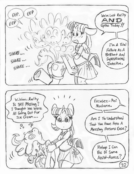 Size: 849x1100 | Tagged: alicorn, anthro, artist:circe, black and white, clothes, comic:soreloser, derpibooru import, grayscale, monochrome, pinkie pie, pleated skirt, safe, skirt, traditional art, twilight sparkle, twilight sparkle (alicorn), unguligrade anthro