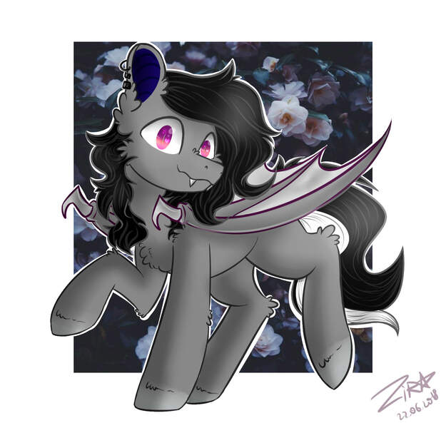 Size: 1580x1533 | Tagged: safe, artist:zira, derpibooru import, oc, unofficial characters only, bat pony, pony, vampire, bat pony oc, bat wings, black hair, female, grey skin, piercing, purple eyes, solo, wings