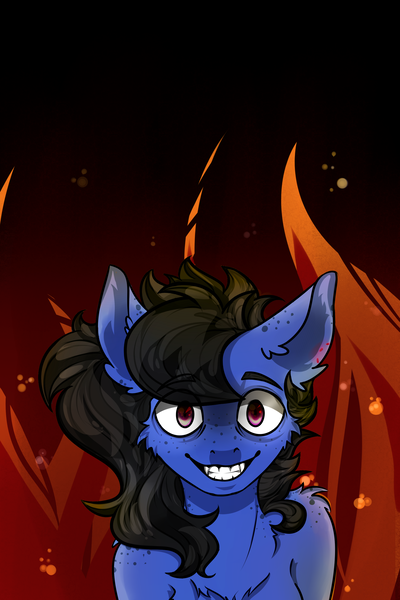 Size: 2000x3000 | Tagged: safe, artist:zira, derpibooru import, oc, oc:zira, unofficial characters only, pony, black hair, blue skin, creepy, creepy smile, evil, female, fire, liar, purple eyes, smiling, solo