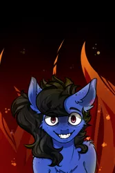 Size: 2000x3000 | Tagged: safe, artist:zira, derpibooru import, oc, oc:zira, unofficial characters only, pony, black hair, blue skin, creepy, creepy smile, evil, female, fire, liar, purple eyes, smiling, solo