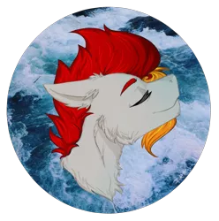 Size: 1993x2006 | Tagged: safe, artist:zira, derpibooru import, oc, oc:grai, unofficial characters only, pony, bust, eyes closed, fluffy, grey skin, head, orange hair, red hair, solo