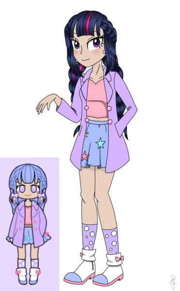 Size: 1290x2080 | Tagged: artist:ilaria122, boots, braid, braided pigtails, clothes, coat, derpibooru import, ear piercing, earring, female, human, humanized, jewelry, miniskirt, pastel, pastel girl, pastel girl challenge, piercing, pigtails, polka dot stockings, safe, shirt, shoes, simple background, skirt, socks, solo, transparent background, twilight sparkle