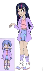 Size: 1290x2080 | Tagged: artist:ilaria122, boots, braid, braided pigtails, clothes, coat, derpibooru import, ear piercing, earring, female, human, humanized, jewelry, miniskirt, pastel, pastel girl, pastel girl challenge, piercing, pigtails, polka dot stockings, safe, shirt, shoes, simple background, skirt, socks, solo, transparent background, twilight sparkle