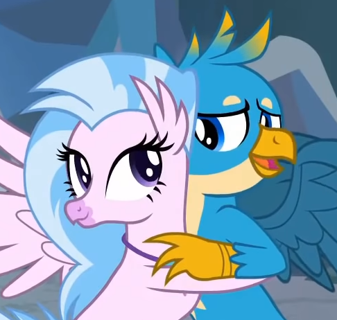 Size: 486x462 | Tagged: safe, derpibooru import, screencap, gallus, silverstream, gryphon, hippogriff, what lies beneath, cropped, hug, looking at each other, shipping fuel