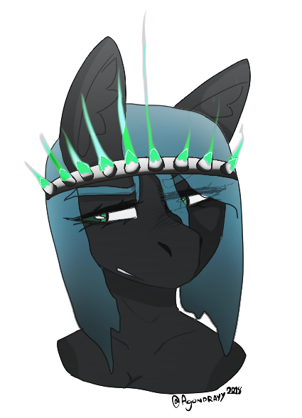 Size: 425x587 | Tagged: safe, artist:itzdatag0ndray, derpibooru import, queen chrysalis, anthro, changeling, changeling queen, angry, crown, ear fluff, female, jewelry, regalia, simple background, solo, white background