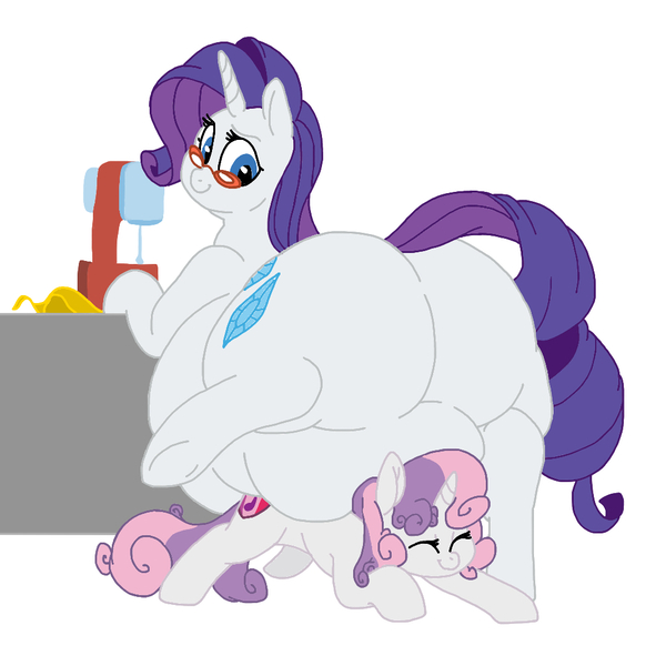 Size: 1024x1024 | Tagged: suggestive, artist:jamesawilliams1996, artist:sirmasterdufel, color edit, derpibooru import, edit, rarity, sweetie belle, pony, behaving like a cat, belly, big belly, butt, colored, cute, diasweetes, fat, female, filly, glasses, huge butt, large butt, mare, morbidly obese, obese, plot, raised leg, raritubby, sewing, siblings, sisters, sweetie cat