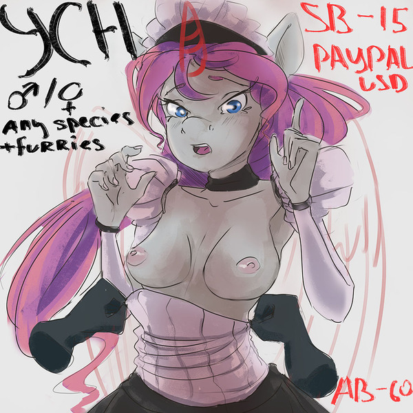 Size: 1024x1024 | Tagged: questionable, artist:twilightsquare, derpibooru import, oc, unofficial characters only, anthro, pegasus, unicorn, armpits, assisted exposure, auction, breasts, choker, clothes, commission, female, maid, maid headdress, male, nipples, nudity, solo, undressing, your character here