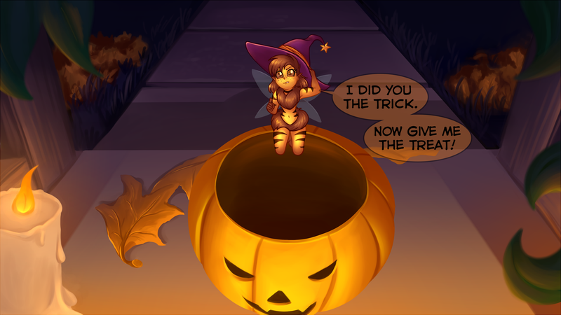 Size: 2160x1214 | Tagged: safe, artist:sugaryviolet, derpibooru import, oc, oc:beeatrice, unofficial characters only, fairy, human, armpits, candle, clothes, costume, halloween, halloween 2018, halloween costume, hat, holiday, humanized, humanized oc, micro, pumpkin, speech bubble, text, witch hat