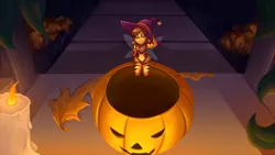 Size: 2160x1214 | Tagged: safe, artist:sugaryviolet, derpibooru import, oc, oc:beeatrice, unofficial characters only, fairy, human, candle, halloween, halloween 2018, hat, holiday, humanized, humanized oc, micro, pumpkin, witch hat