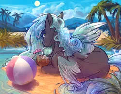 Size: 1980x1546 | Tagged: safe, artist:1an1, derpibooru import, oc, oc:seafoam storm, unofficial characters only, pegasus, pony, ball, bandage, beach, beach ball, cloud, cocktail umbrella, coconut, coconut cup, commission, drink, drinking, drinking straw, female, food, leaf, looking at you, looking back, looking back at you, mare, mountain, mountain range, ocean, palm tree, plant, prone, sandals, sipping, sky, solo, sun, toy, tree, water mane, ych result