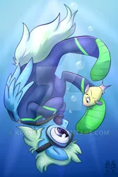 Size: 400x600 | Tagged: safe, artist:krapette, derpibooru import, oc, oc:sea glow, fish, pegasus, pony, air tank, bubble, cute, diving, diving goggles, flippers, goggles, obtrusive watermark, ocean, scuba, scuba diving, scuba mask, solo, underwater, watermark, wetsuit