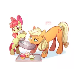 Size: 900x832 | Tagged: safe, artist:eighthsun, derpibooru import, apple bloom, applejack, earth pony, pony, baking, bow, cupcake, duo, female, filly, food, hair bow, hatless, mare, missing accessory, mouth hold, siblings, simple background, sisters, smiling, white background
