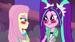 Size: 1800x1013 | Tagged: safe, artist:bigpurplemuppet99, derpibooru import, aria blaze, fluttershy, equestria girls, equestria girls series, ariashy, blushing, female, flutterblaze, lesbian, lidded eyes, looking at each other, shipping