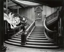Size: 2000x1612 | Tagged: safe, artist:ejlightning007arts, derpibooru import, silverstream, hippogriff, pony, black and white, grayscale, inside, irl, monochrome, photo, ponies in real life, solo, staircase, stairs, that hippogriff sure does love stairs, this will end in tears, titanic