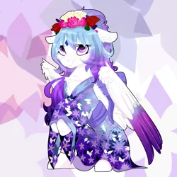 Size: 1500x1500 | Tagged: safe, artist:royalwolf1111, derpibooru import, oc, oc:cosmic harmony, oc:melody shard, unofficial characters only, pegasus, pony, chest fluff, clothes, colored wings, cute, ear fluff, female, floppy ears, floral head wreath, flower, fluffy, gem, gradient mane, gradient wings, kimono (clothing), mare, solo, weapons-grade cute, wings