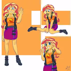 Size: 1000x1000 | Tagged: safe, artist:sozglitch, derpibooru import, sunset shimmer, human, equestria girls, equestria girls series, boots, clothes, cute, female, jacket, leather, leather jacket, peace sign, shirt, shoes, skirt, solo