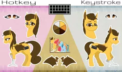 Size: 4200x2500 | Tagged: safe, artist:mercurial64, derpibooru import, oc, oc:hotkey, oc:keystroke, unofficial characters only, bat pony, hybrid, bat pony oc, bat wings, female, glasses, looking at you, male, reference sheet, rule 63, simple background, solo, wings
