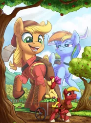 Size: 1500x2016 | Tagged: safe, artist:tsitra360, derpibooru import, apple bloom, applejack, big macintosh, rainbow dash, earth pony, pegasus, pony, apple, apple cart, apple orchard, apple tree, axe, babe the blue ox, belt, big-apple-pony, boots, bow, cart, clothes, crossover, female, filly, folklore, food, freckles, giant pony, hair bow, hair tie, harness, hat, hoof boots, horn, looking down, looking up, lumberjack, macro, male, mare, mega applejack, multisize, open mouth, orchard, pants, paul bunyan, ponytail, raised hoof, shirt, shoes, sitting, smiling, spread wings, stallion, standing, suspenders, sweet apple acres, tack, three quarter view, tree, weapon, wings, yoke