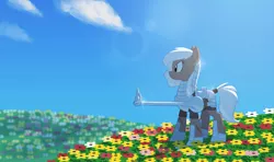 Size: 1435x850 | Tagged: safe, artist:carnifex, derpibooru import, oc, unofficial characters only, pony, armor, commission, female, flower, flower field, grass, grass field, lance, solo, tail tied, tail wrap, weapon