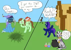 Size: 1024x717 | Tagged: safe, artist:tatta-doodles, derpibooru import, trixie, zecora, oc, oc:glittershine, oc:minty fresh, enderman, pegasus, pony, unicorn, zebra, cauldron, clothes, coat, comic, cutie mark, ear piercing, earring, explosives, female, floppy ears, hat, horn, jewelry, mare, minecraft, mouth hold, neck rings, open mouth, pickaxe, piercing, pigtails, potion, sitting, speech bubble, spread wings, standing, tnt, wings