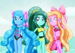 Size: 1600x1132 | Tagged: safe, artist:jucamovi1992, derpibooru import, oc, oc:aglaope, oc:piscis, oc:radne, oc:the dark stars, unofficial characters only, equestria girls, belly button, clothes, smiling, swimsuit, trio