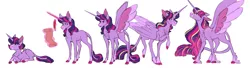 Size: 5500x1500 | Tagged: safe, artist:uunicornicc, derpibooru import, twilight sparkle, twilight sparkle (alicorn), alicorn, classical unicorn, pony, unicorn, age progression, cloven hooves, colored hooves, dewclaw, female, leonine tail, magic, mare, prone, simple background, solo, spread wings, telekinesis, ultimate twilight, unicorn twilight, unshorn fetlocks, white background, wings