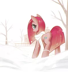 Size: 1323x1404 | Tagged: safe, artist:mirroredsea, derpibooru import, pinkie pie, earth pony, pony, clothes, female, looking at you, looking back, looking back at you, mare, pinkamena diane pie, rock farm, scarf, snow, snowman, solo