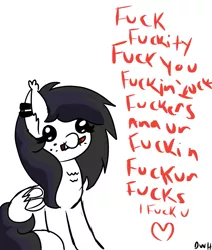 Size: 869x1024 | Tagged: safe, artist:darkwolfhybrid, derpibooru import, oc, oc:darkius wolficus, unofficial characters only, bat pony, bat pony oc, bat wings, chest fluff, crayon, ear piercing, freckles, fuck, fucker, fuckity, fuckur, fuck you, heart, monochrome, neo noir, partial color, piercing, reaction image, solo, vulgar, wings