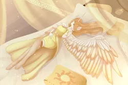Size: 1600x1068 | Tagged: alicorn, anthro, artist:elektra-gertly, beautiful, bed, bedroom, clothes, colored wings, colored wingtips, daybreaker, derpibooru import, dress, dust motes, ear fluff, eyes closed, female, light, mare, nightgown, on back, pillow, safe, smiling, socks, solo, sparkles, spread wings, stockings, thigh highs, unguligrade anthro, wing fluff, wings