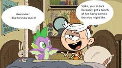 Size: 1024x572 | Tagged: artist:theawesomeguy98201, bedroom, comics, crossover, derpibooru import, dragon, human, lincoln loud, nickelodeon, safe, spike, the loud house, winged spike, wings