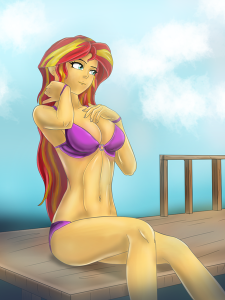 Size: 1200x1600 | Tagged: suggestive, artist:symptom99, derpibooru import, sunset shimmer, equestria girls, bikini, bikini babe, breasts, busty sunset shimmer, cleavage, clothes, female, pier, purple swimsuit, sitting, solo, solo female, swimsuit