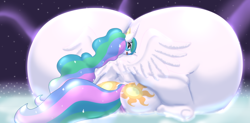 Size: 3448x1700 | Tagged: suggestive, alternate version, artist:blues64, artist:moonlitbrush, derpibooru import, princess celestia, anthro, big breasts, both cutie marks, breasts, busty princess celestia, butt, female, huge breasts, huge butt, hyper, hyper breasts, impossibly large breasts, large butt, looking back, open mouth, solo, solo female, sunbutt, tongue out