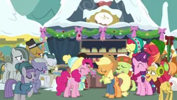 Size: 1280x720 | Tagged: safe, derpibooru import, screencap, apple bloom, applejack, big macintosh, cloudy quartz, grand pear, granny smith, igneous rock pie, limestone pie, marble pie, maud pie, pinkie pie, sugar belle, pony, unicorn, best gift ever, apple family, apple siblings, apple sisters, brother and sister, clothes, earmuffs, eyes closed, female, filly, foal, hat, jacket, male, mare, pie family, pie sisters, raised hoof, scarf, siblings, singing, sisters, snow, stallion