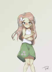 Size: 572x800 | Tagged: safe, artist:trilithon, derpibooru import, fluttershy, human, equestria girls, blushing, clothes, female, skirt, solo