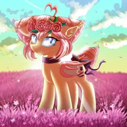 Size: 2500x2500 | Tagged: safe, artist:ask-colorsound, derpibooru import, oc, oc:sunset sorbet, unofficial characters only, bat pony, bat pony oc, bat wings, bow, choker, cloud, commission, ear fluff, fangs, female, floral head wreath, flower, flower in hair, sky, smiling, solo, wingding eyes, wings, ych result