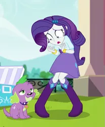 Size: 519x626 | Tagged: safe, derpibooru import, screencap, rarity, spike, spike the regular dog, dog, dance magic, equestria girls, spoiler:eqg specials, boots, bracelet, clothes, cropped, cute, female, jewelry, male, paws, shocked, shocked expression, shoes, skirt