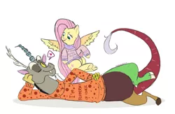 Size: 1280x837 | Tagged: safe, artist:gidankuroki, derpibooru import, discord, fluttershy, draconequus, pegasus, pony, bottomless, clothes, cute, discoshy, discute, female, heart, if lost return to shirt, looking at each other, male, one eye closed, partial nudity, pose, shipping, shyabetes, simple background, straight, sweater, sweatershy, white background, wink