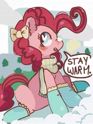 Size: 768x1024 | Tagged: safe, artist:supernoncutie, derpibooru import, pinkie pie, earth pony, pony, blushing, bow, clothes, dialogue, female, hair bow, mare, open mouth, scarf, snow, socks, solo, speech bubble, wingding eyes, winter