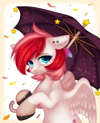 Size: 1402x1728 | Tagged: safe, artist:avrameow, derpibooru import, oc, oc:rouge swirl, unofficial characters only, pegasus, pony, commission, digital art, ear piercing, female, looking at you, mare, piercing, red hair, red mane, red tail, solo, umbrella, ych result