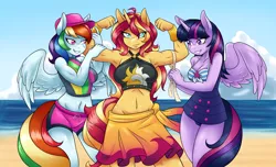 Size: 3200x1940 | Tagged: safe, artist:ambris, derpibooru import, rainbow dash, sunset shimmer, twilight sparkle, twilight sparkle (alicorn), alicorn, anthro, equestria girls, equestria girls series, forgotten friendship, adorasexy, armpits, beach, bedroom eyes, belly button, biceps, big breasts, board shorts, breasts, busty rainbow dash, busty sunset shimmer, busty twilight sparkle, cleavage, clothes, cute, dashabetes, female, flexing, gunset shimmer, hat, lesbian, looking at you, measuring tape, midriff, muscles, one-piece swimsuit, rainbuff dash, sexy, shimmerbetes, shipping, smiling, smirk, summer sunset, sunset lifter, sunset shimmer gets all the mares, sunsetdash, sunsetsparkle, swimsuit, twiabetes