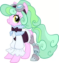 Size: 2755x2915 | Tagged: safe, artist:sakuyamon, derpibooru import, oc, oc:taffy fizzlespark, unofficial characters only, earth pony, pony, amputee, automail, clothes, female, goggles, mare, prosthetic leg, prosthetic limb, prosthetics, simple background, solo, steampunk, white background