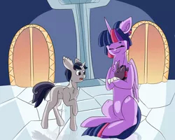 Size: 1024x820 | Tagged: safe, artist:pugasart, derpibooru import, twilight sparkle, twilight sparkle (alicorn), oc, oc:silver mane, oc:twinkle star, alicorn, pony, unicorn, baby, baby pony, blank flank, colt, eyes closed, female, filly, hair bun, male, missing cutie mark, mother and child, offspring, parent:king sombra, parent:twilight sparkle, parents:twibra