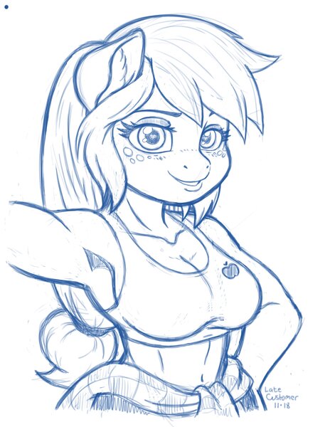 Size: 2550x3300 | Tagged: safe, artist:latecustomer, derpibooru import, applejack, anthro, earth pony, armpits, athletic, belly button, breasts, cleavage, clothes, cute, ear fluff, female, freckles, jackabetes, looking at you, mare, midriff, monochrome, ponytail, smiling, solo, strong, tanktop, wingding eyes