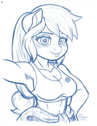 Size: 2550x3300 | Tagged: safe, artist:latecustomer, derpibooru import, applejack, anthro, earth pony, armpits, athletic, belly button, breasts, cleavage, clothes, cute, ear fluff, female, freckles, jackabetes, looking at you, mare, midriff, monochrome, ponytail, smiling, solo, strong, tanktop, wingding eyes