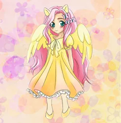 Size: 459x467 | Tagged: artist:hana7, blushing, butterfly, clothes, cute, derpibooru import, dress, eared humanization, female, fluttershy, human, humanized, safe, shoes, shyabetes, smiling, solo, winged humanization, wings