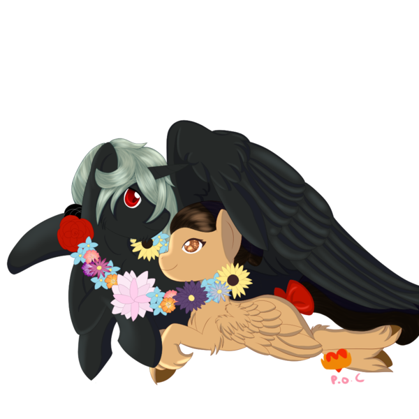 Size: 1024x1024 | Tagged: artist:demonwolfspirit, derpibooru import, eye, eyes, flower, gem, lying down, oc, oc:daphnes, oc:laurel, oc x oc, red bow, relaxed, safe, shipping, simple background, source needed, transparent background, unofficial characters only, wings